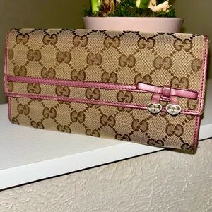 Gucci Monogram Canvas Purple Interior Snap Closure Long Wallet with Bow & Hearts